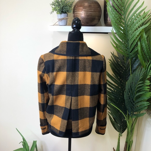 🧥 Ann Taylor LOFT Wool Buffalo Check Swing Coat Yellow/Mustard Navy Medium - Picture 8 of 8